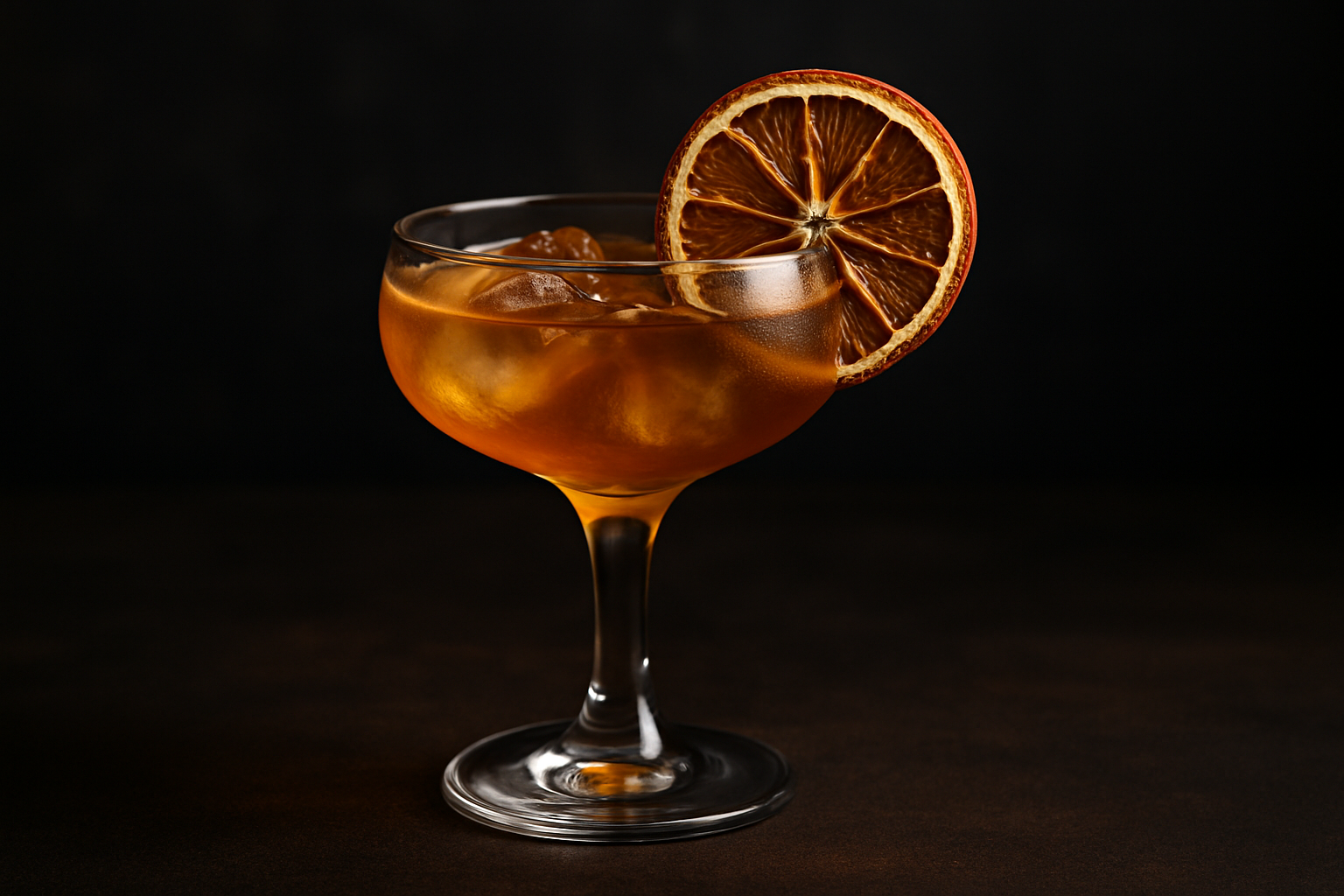 cocktail with dried citrus slice garnish